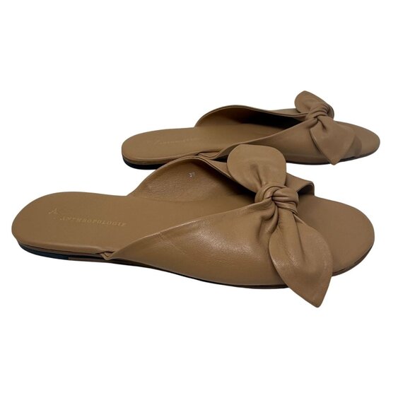 Anthropologie Gemma Bow Slide Sandals Tan Leather Bow Slip-On Size 39 8.5 - Picture 4 of 8